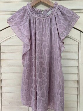 LOFT Womens Lavender Metallic Ruffle Sleeve Geometric Pattern Blouse-Size Small